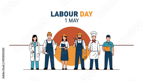 Labour Day Illustration: A colorful and symbolic illustration honoring Labour Day, featuring various professions standing proudly together on the first of May. 