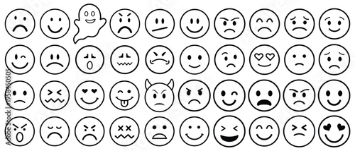 Collection of various emoticon faces on white background
