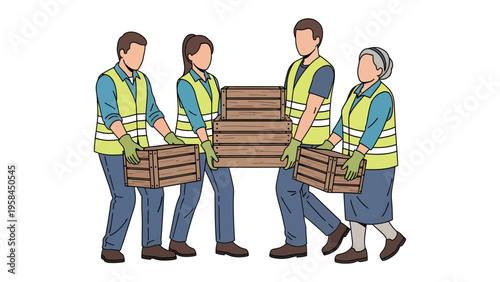 Teamwork in Action: A group of diverse workers collaborate to lift and transport crates, embodying cooperation and collective effort in a shared endeavor.
