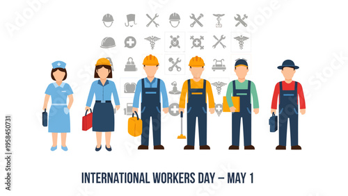 Celebration of Labor: A vibrant illustration showcasing diverse workers, accompanied by a collection of profession symbols, commemorates International Workers' Day