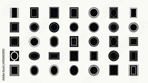 Collection of black and white frame shapes and photo placeholders with various borders and cutouts on a plain background for graphic design