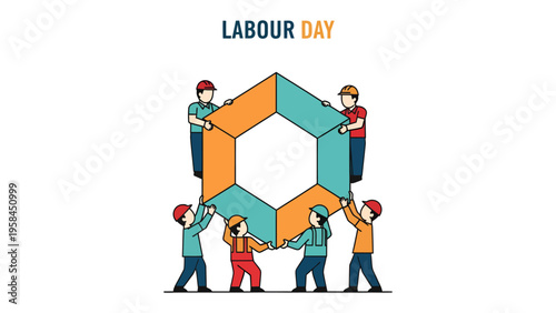 Labor Day's Collaborative Achievement: A symbolic representation of unity, as workers assemble a geometric structure in celebration of Labor Day. 