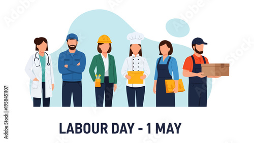 Labor Day Representation: A vibrant illustration showcasing a diverse group of essential workers, symbolizing the value and contributions of the labor force on Labor Day.