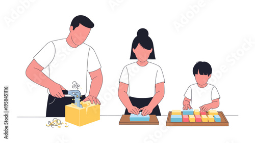 Family Crafting Moment: A moment of togetherness as a family engages in crafting, with father using a saw, mother assembling blocks, and child arranging building bricks.