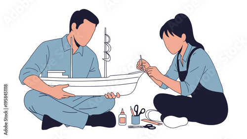 Crafting Dreams: Two individuals engaged in a captivating model ship-building project, meticulously bringing a miniature vessel to life. This scene embodies patience, creativity.