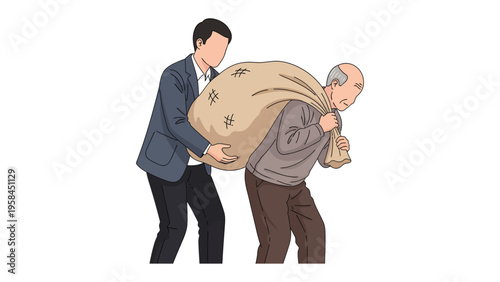 Assistance and Burden: A younger individual supporting an elder as they both carry a heavy sack, symbolizing assistance, hardship, and the challenges of life's journey.