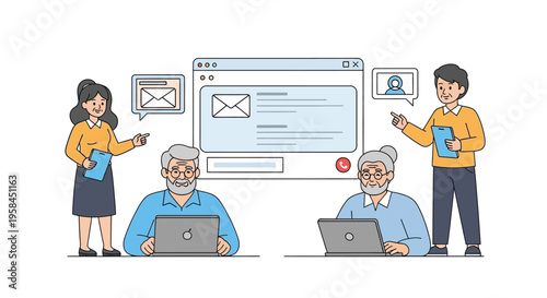 Seniors learning computer skills with online assistance.