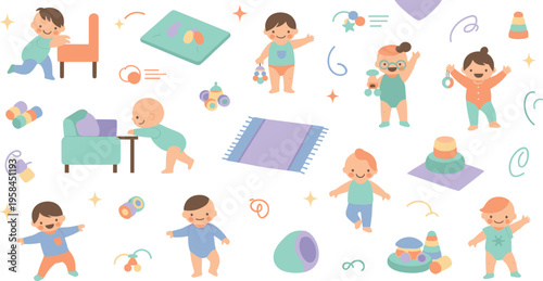 Cute baby daily activities vector illustration set with infants playing, crawling, standing, and interacting with toys in colorful nursery lifestyle scenes.