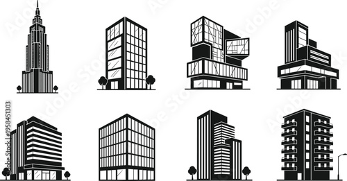 lack and white vector illustration of modern urban buildings with diverse architectural designs, skyscrapers, geometric structures, and city elements perfect for ar