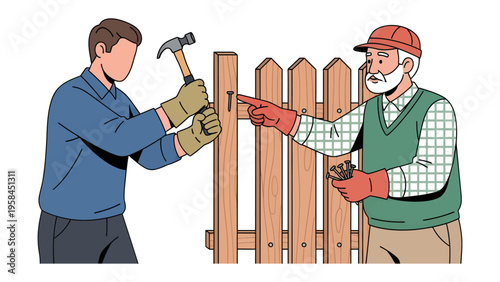 Building the Future Together: An illustration of two individuals working harmoniously to construct a wooden fence, embodying collaboration and shared effort.