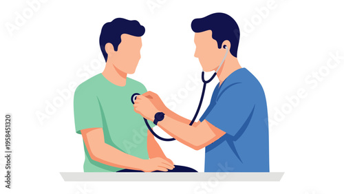 Health Examination illustration: An illustrative depiction of a healthcare professional using a stethoscope to assess a patient's health, representing a routine medical examination.
