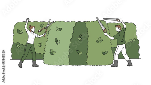 Green Harmony: A captivating illustration showcases a man and woman working collaboratively in the vibrant world of gardening.  Equipped with their tools.