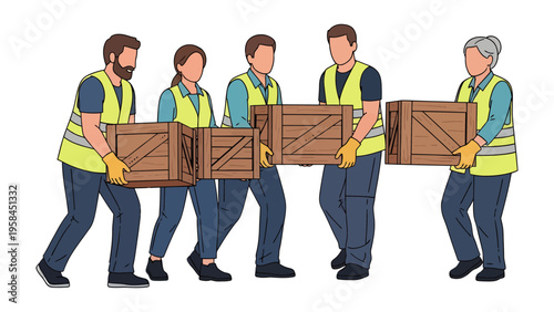 Team of Movers: A team of diligent movers coordinate efforts, each individual expertly lifting and transporting wooden crates, ensuring a seamless and efficient relocation process.