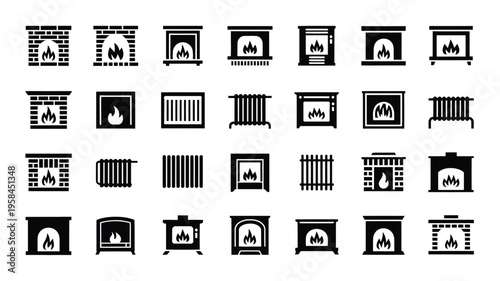 Various fireplace and stove icons in black on white background for graphic design