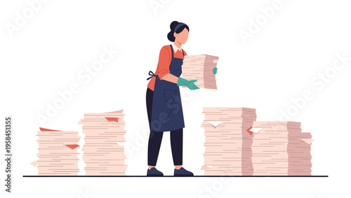 Organized: Efficiency in Document Handling: A focused individual sorts stacks of paper. Illustrating the organization and management of documents