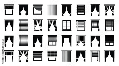 Black and white vector illustrations of various window curtain and blind designs on a white background