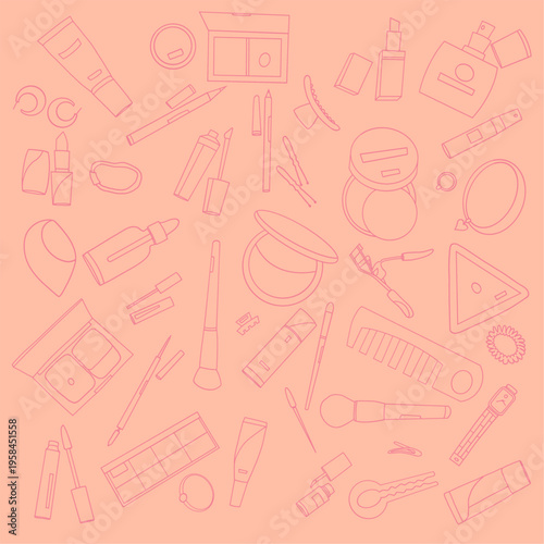 Beauty Cosmetics Outline Seamless Pattern on Peach Background, Makeup Tools Vector Illustration