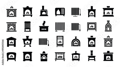 Black icons of various heaters and radiators on white background for heating and warming concepts