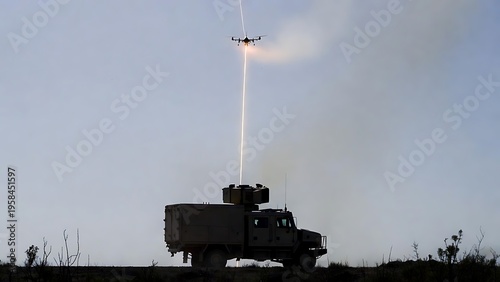 A ground-based weapon system mounted on a truck firing a powerful laser beam to intercept and destroy an aerial drone against a clear sky.
