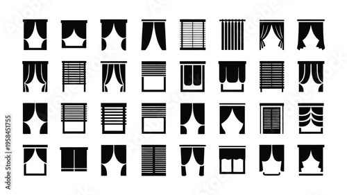 Collection of various window curtain and blind designs in black and white