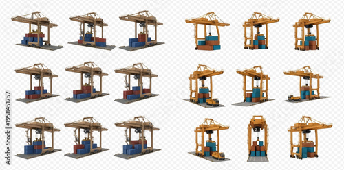 Set of 3D Isometric Cargo Crane Models with Containers in Various Angles.