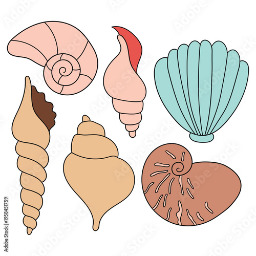 Hand-drawn cartoon set of seashells on a white background.