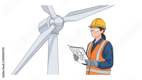 Wind Turbine Inspection: An engineer meticulously inspects the blueprints of a wind turbine, ensuring optimal functionality and renewable energy efficiency. 