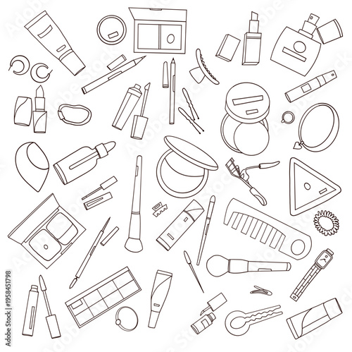 Beauty Cosmetics Outline Seamless Pattern on transparent Background, Makeup Tools Vector Illustration