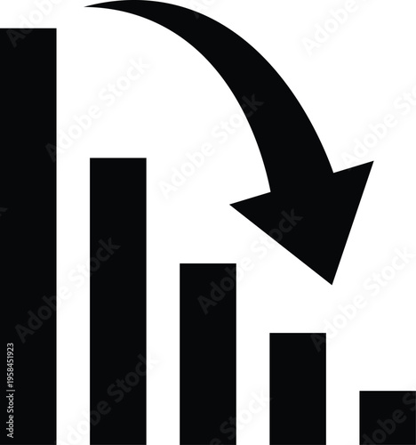 Black descending bar graph with curved arrow pointing down