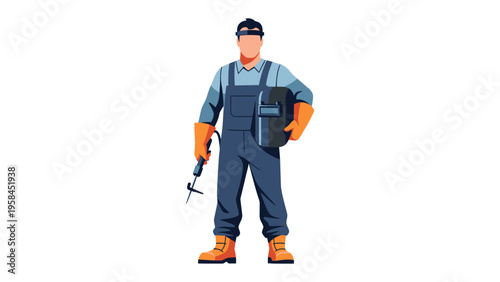 The Craftsman: An industrial worker confidently stands with protective gear and welding equipment, embodying skill, precision, and dedication.