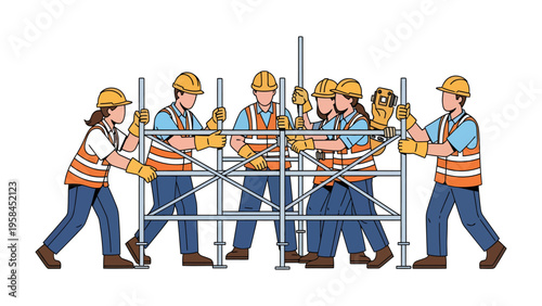Construction Crew Assembling: A collaborative construction crew meticulously assembles scaffolding, each member contributing to the building process.