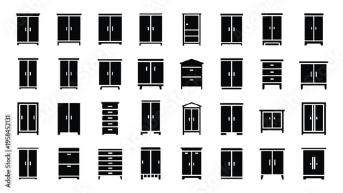 Collection of various black and white cabinet and wardrobe icons on a white background for design and decoration