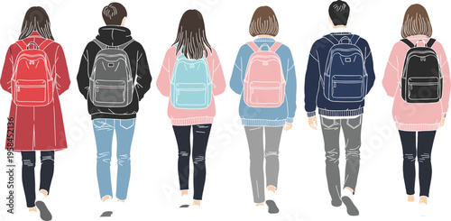 Rear view illustration of a diverse group of students walking together with colorful backpacks for back to school education concept