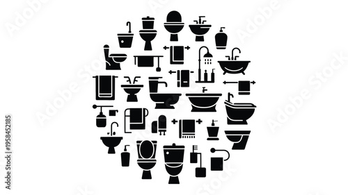 Black and white bathroom fixtures icon set in a circular pattern on a white background for design and decoration purposes
