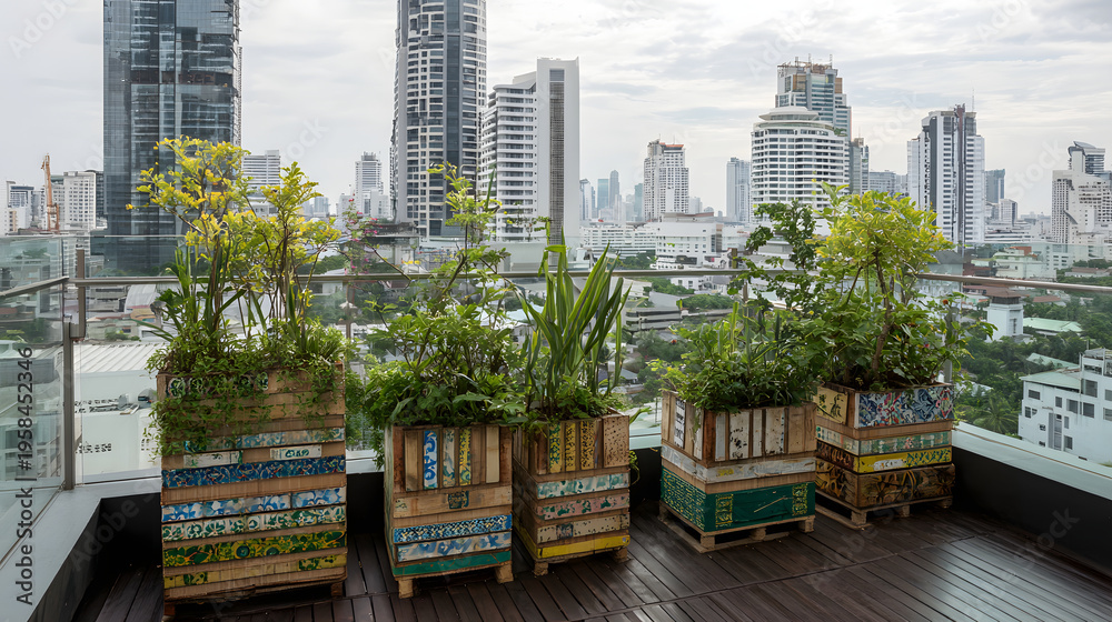 Fototapeta premium Rooftop urban garden in Bangkok condo with wooden planter boxes and city skyline, serene greenery and potted plants on terrace