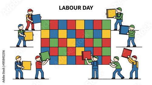 Labour Day Collaboration: Cartoon people assemble a colorful quilt to celebrate Labor Day, representing teamwork, unity, and the value of workers' contributions.