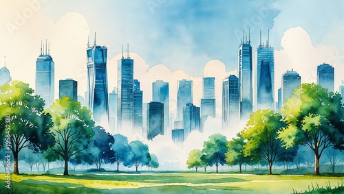Watercolor city skyline rising beyond a green park, sustainable urban development and nature coexistence concept