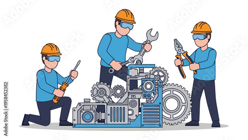 Teamwork and Technology: a team of focused engineers collaborating on machinery maintenance