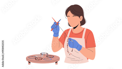 Artisan Crafting: An artisan meticulously works on intricate bead jewelry, showcasing the artistry and dedication involved in crafting beautiful, handmade accessories.