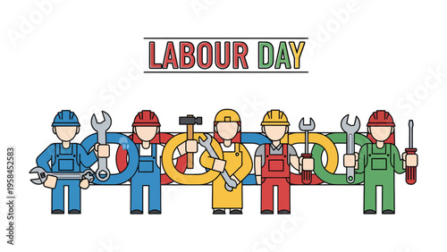 Labour Day: A festive illustration celebrates Labor Day, depicting workers holding various tools, symbolizing the important contributions of the workforce. The design is simple, colorful.