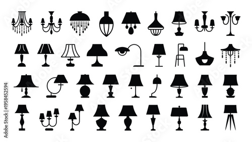 Collection of various lamp and lighting fixture silhouettes for interior design and decoration concepts