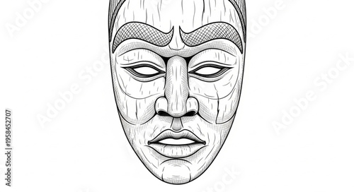 Detailed Line Art of a Traditional African Mask.