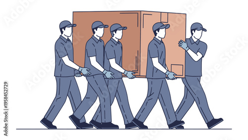 Teamwork on the Move: A group of diligent workers, united in effort, meticulously carries a large package, epitomizing the essence of teamwork and logistic efficiency.