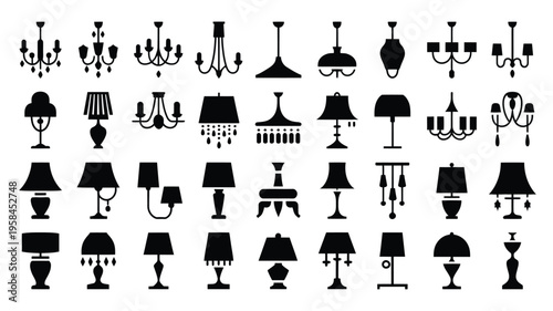 Collection of various lamp and lighting fixture silhouettes for design and decoration