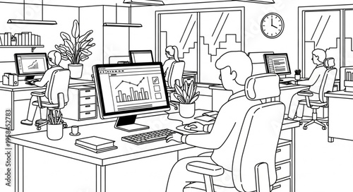 Office Workers Engaged in Computer Tasks in a Modern Workspace.