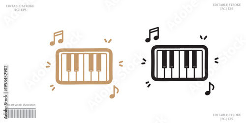 Piano Keyboard Music Icon Set Vector Illustration Line Art Black Orange Color Variant