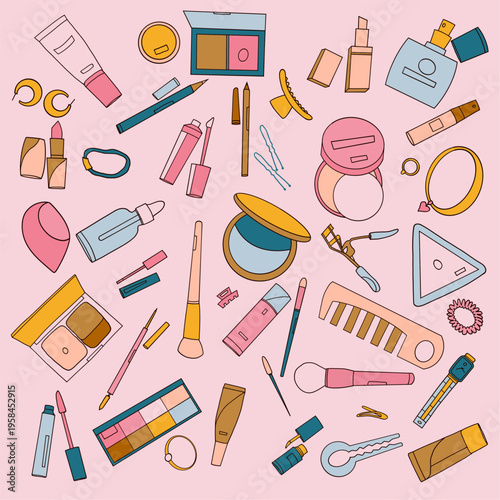 Seamless pattern on cosmetics and makeup theme, pink background with makeup tools, vector illustration of makeup products.