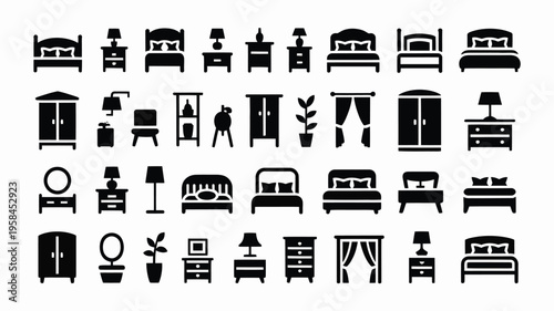 Collection of black and white furniture icons including beds sofas chairs tables lamps and cabinets on a white background for interior design and decoration concepts
