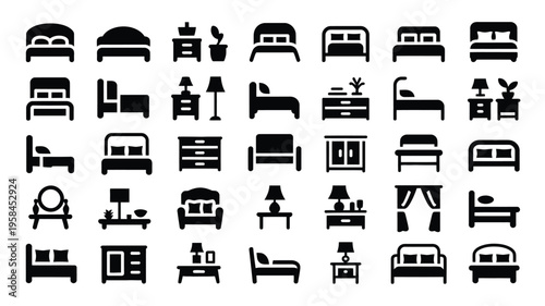 Collection of various black furniture icons including beds desks lamps and chairs on a white background for design and decoration