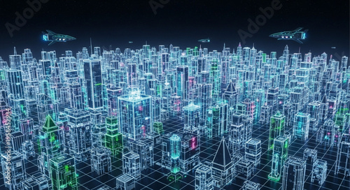 Futuristic Cityscape with Glowing Lines and Flying Drones.